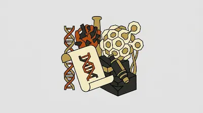 A DNA double helix, a microscope, a scroll, and molecular structures in a stylized graphic.