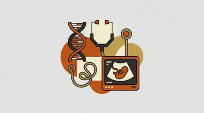A DNA helix, a stethoscope, a coiled cord, and an ultrasound screen showing a curled figure.