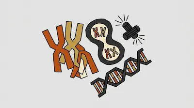 Stylized illustrations of chromosomes, a dividing cell, centrioles, and a DNA double helix.