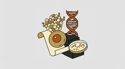 A DNA double helix, a cluster of cells, a single cell, and a petri dish with branching structures are grouped together.