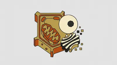 A stylized isometric diagram of a biological cell and its organelles, including a nucleus and mitochondria, in shades of orange and tan.