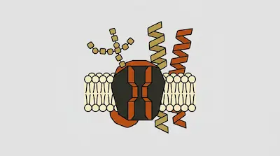 A stylized diagram of a cell membrane showing a phospholipid bilayer, a central protein, and spiral-shaped structures.