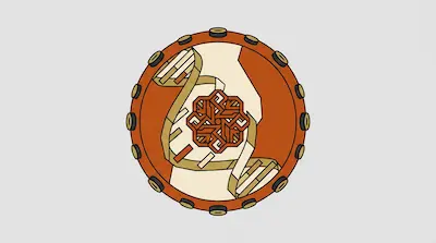 A circular orange emblem featuring a stylized DNA double helix and a complex geometric knot at the center.