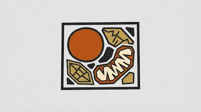 A square graphic featuring a large orange circle and various geometric shapes with thick black outlines on a white background.