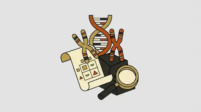 A DNA double helix, two chromosomes, a scroll with a grid, and a magnifying glass are grouped together.