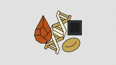 A faceted brown teardrop, a tan DNA double helix, a dark gray square, and a tan oval with a curved line.