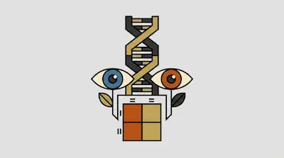 A stylized graphic of a DNA double helix between a blue eye and an orange eye, positioned above a four-colored square.