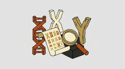 A DNA double helix, large X and Y letters, a magnifying glass, and a scroll showing a chromosome chart.