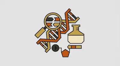 A DNA double helix, a magnifying glass, a laboratory flask, and a chemical structure.