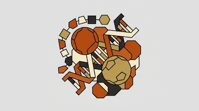 A cluster of stylized geometric shapes, including spheres and hexagons, in shades of orange, tan, and black.