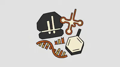 Stylized icons of a DNA strand, a ribosome, a tRNA molecule, a bar graph, and a chemical ring structure.