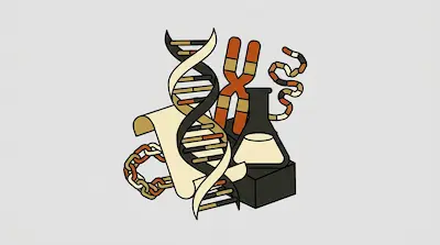 A DNA double helix, a chromosome, a conical flask, a chain, and a scroll are grouped together in a graphic style.