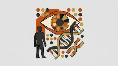 A stylized eye, DNA double helix, and chromosome are arranged with a human silhouette and geometric patterns in shades of orange, tan, and black.