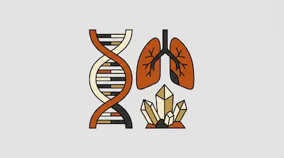A DNA double helix, a pair of lungs, and a cluster of crystals in earthy tones.