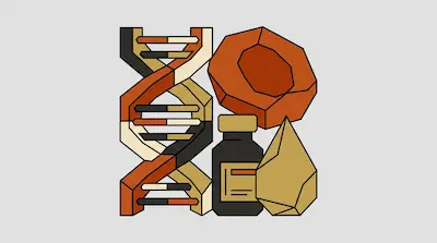 A DNA double helix, a red blood cell, a medicine bottle, and a drop of liquid in a geometric style.