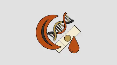 A crescent shape, a DNA double helix, a microscope slide, and a blood drop.
