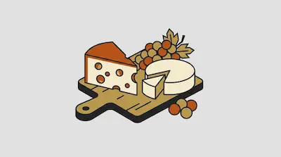 Flat illustration of a wooden board with a wedge of Swiss cheese, a wheel of brie, and a bunch of grapes