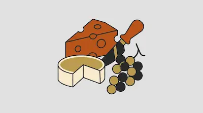 Flat illustration of a wedge of Swiss cheese, a round of brie, a knife, and grapes on a light gray background