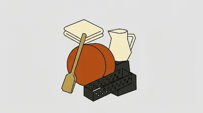 Flat illustration of a wooden paddle, a round orange block, and a white pitcher on a light gray background