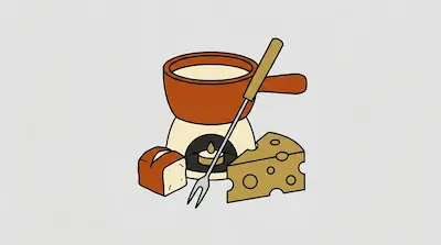 Flat illustration of a cheese fondue set with a ceramic pot, a long fork, bread, and swiss cheese on a gray background