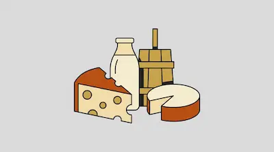 Flat illustration of dairy products including a milk bottle, a wooden butter churn, and wedges of Swiss cheese
