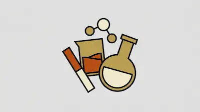 A cigarette, a beaker, and a round-bottom flask are grouped together below a molecular structure icon.