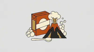 A brown box, a model volcano erupting with foam, and a spoon surrounded by bubbles.