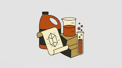 A brown jug, a beaker, and a test tube filled with orange liquid are grouped with a scroll featuring a crystal drawing.