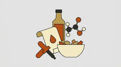 A collection of stylized icons including a bottle, a molecular model, a scroll with a droplet, a bowl, and a dropper.