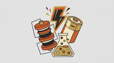 A lightning bolt icon surrounded by a battery, a voltaic pile, and a chemical flask containing positive and negative charges.