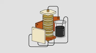 A stack of alternating discs connected by wires to a beaker of dark liquid and rectangular plates.
