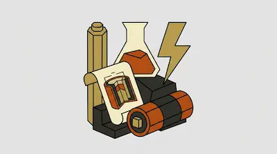 A collection of stylized icons including an Erlenmeyer flask, a lightning bolt, a blueprint, and a battery.