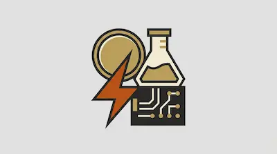 A minimalist graphic featuring a gold circle, an orange lightning bolt, a laboratory flask, and a circuit board.