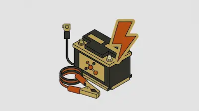 A car battery with a lightning bolt symbol and jumper cables.