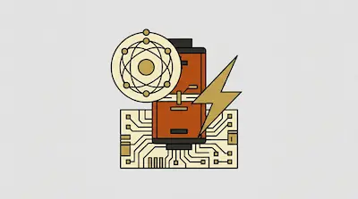 A stylized battery sits on a circuit board with an atom symbol and a lightning bolt.