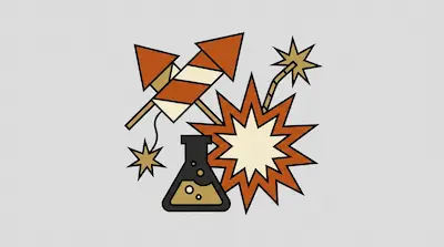 Two striped rockets, a bubbling chemical flask, and several starburst shapes.