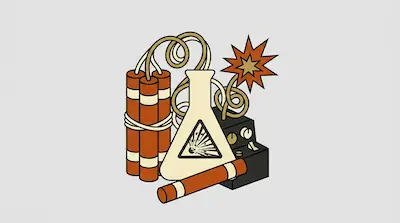 A bundle of dynamite sticks, a laboratory flask with an explosion symbol, and a detonator box connected by a fuse ending in a starburst.