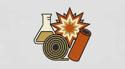A laboratory flask, a multi-pointed starburst, a coiled roll, and a cylindrical tube.