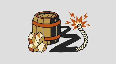 A wooden barrel with orange bands sits next to a cluster of gold crystals and a lit fuse.