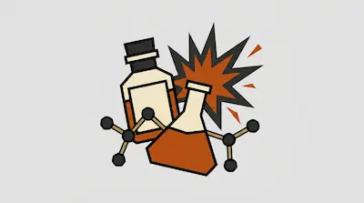 A brown bottle, an Erlenmeyer flask, and molecular models are arranged in front of a jagged orange burst.