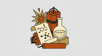 Dynamite sticks, a chemical flask, and a scroll with molecular diagrams are grouped together.