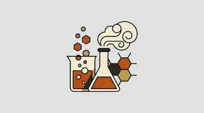 A beaker and an Erlenmeyer flask with rising bubbles and vapor next to a hexagonal molecular structure.