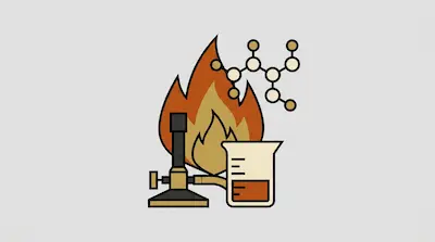 A Bunsen burner, a beaker of liquid, and a molecular structure are positioned in front of a large flame.