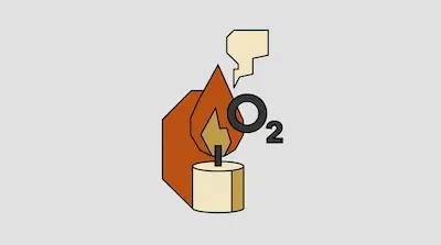 A lit candle with a speech bubble and the chemical symbol for oxygen next to the flame.
