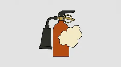 A red fire extinguisher with a black nozzle and a cream-colored jagged shape on its side.