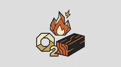 A geometric flame sits above a block of wood and an O2 symbol.