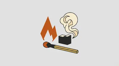 A matchstick, an orange flame, a black box, and a plume of smoke.