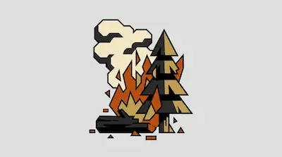 A stylized pine tree and a fallen log are engulfed in orange flames and tan smoke.