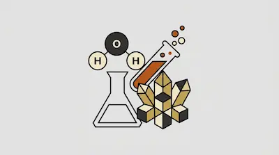 A water molecule, a test tube with orange liquid, an Erlenmeyer flask, and a cluster of crystals.