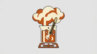 A beaker of bubbling liquid sits on a burner with a thermometer inside, emitting a large cloud of steam.